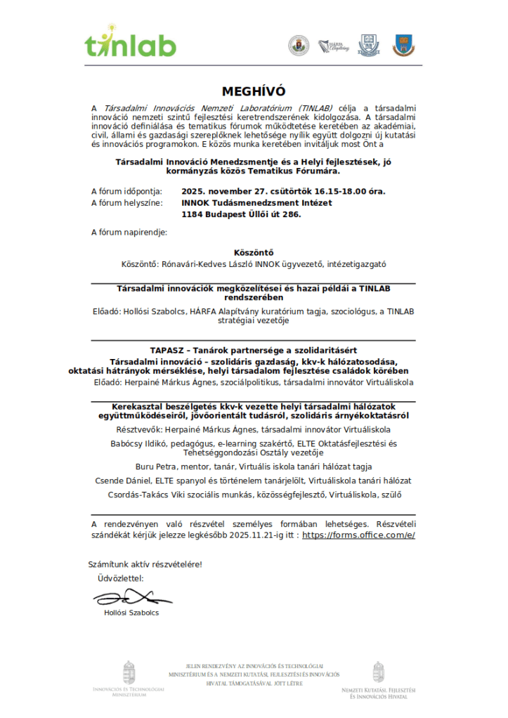Társadalmi Innováció Virtuáliskola Tapasz TINLAB műhely